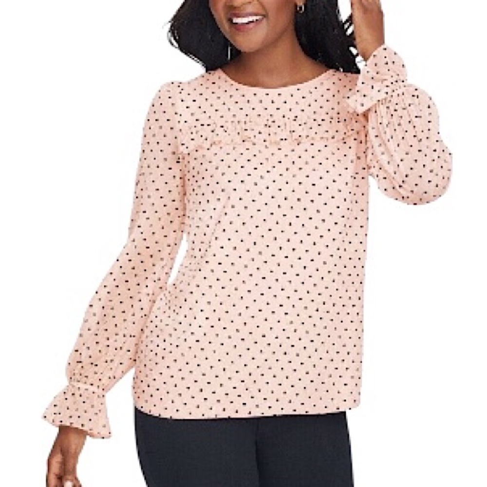 TALBOTS Blush Pink Chiffon Hearts Ruffled Sheer Long Sleeve Lined Blouse Top L
